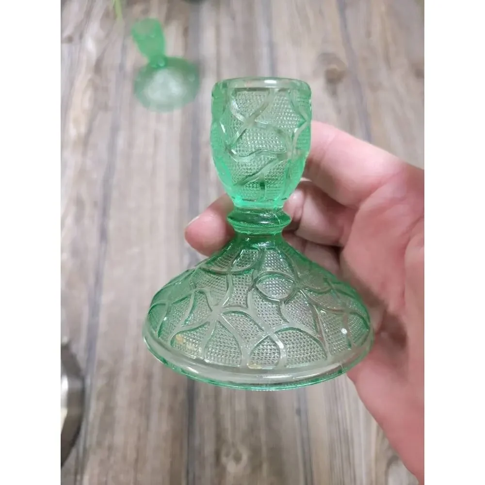 Vintage Imperial Green Crackle Uranium Glass Candlestick Holders Art Deco Pair